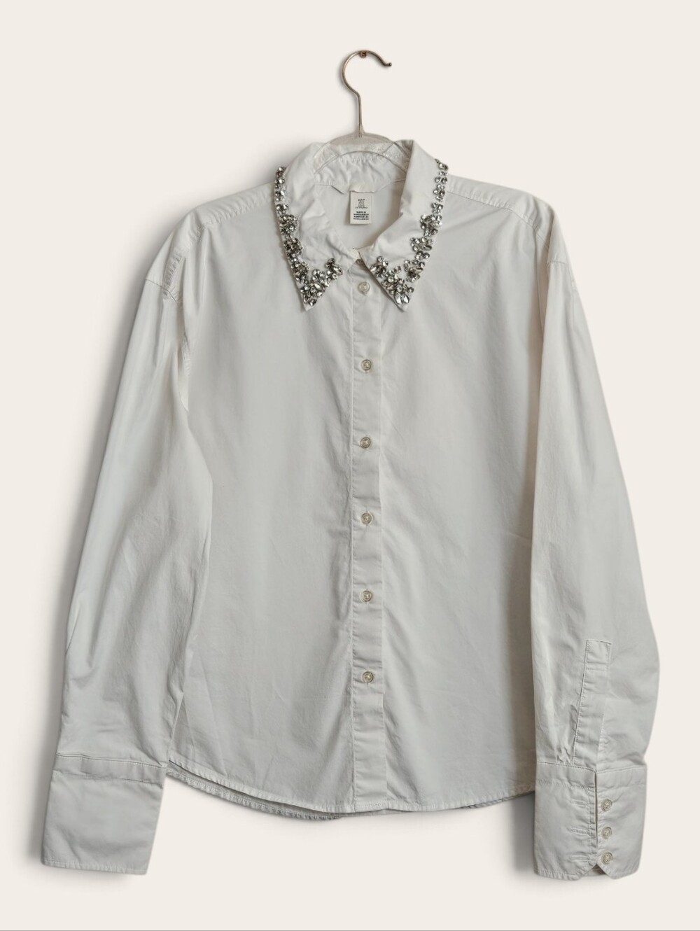 H&M White Button-Down Shirt Embellished Beaded Jeweled Collar Oversized Fit Med